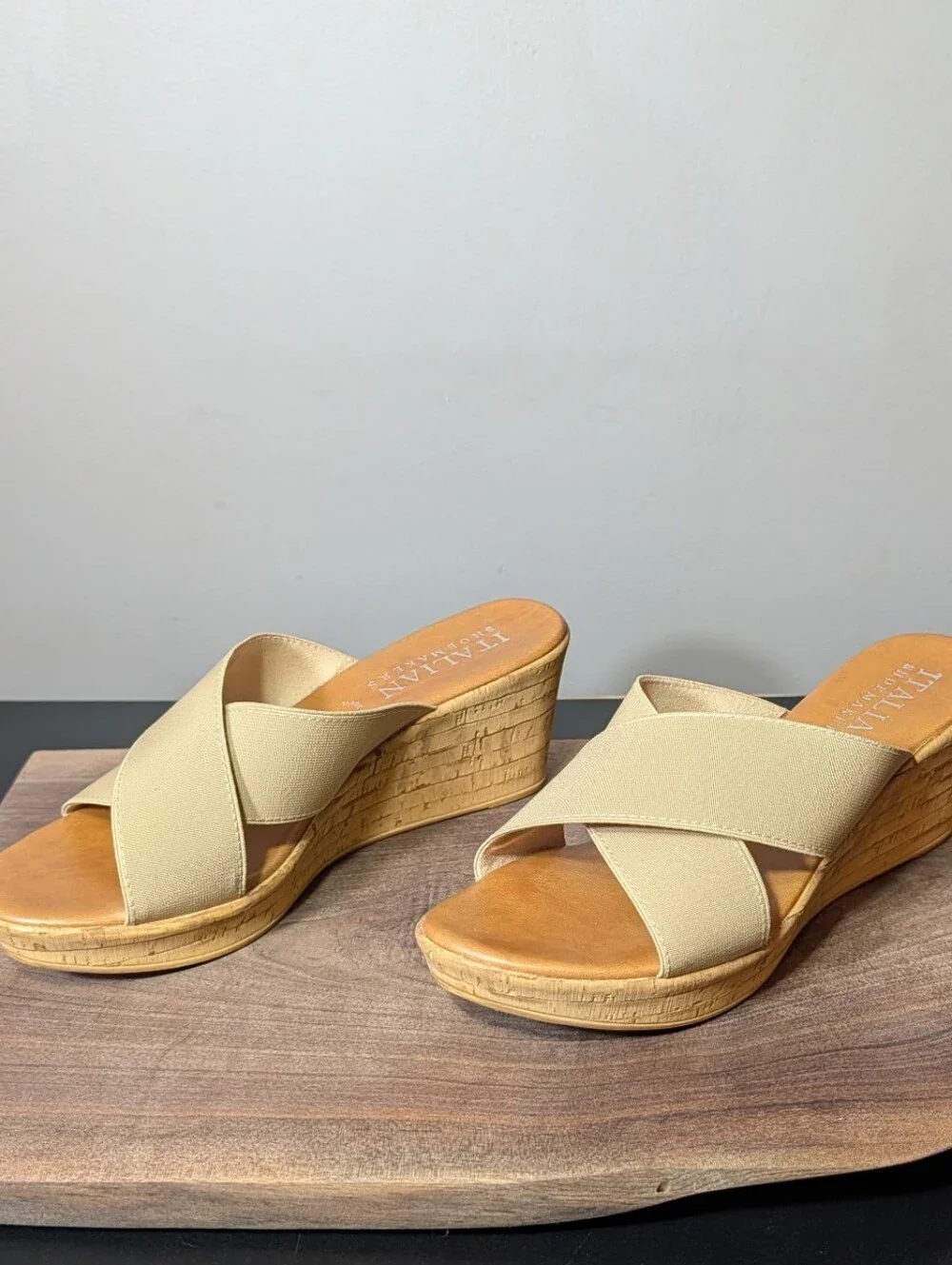 Italian Shoemakers Beige Crisscross Cork Wedge Slides